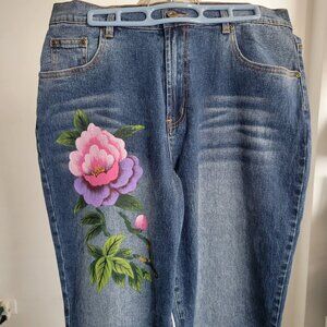 Diane Gillman Denim Hand-Painted Pink Flower Fairy Jeans (Size: 14)